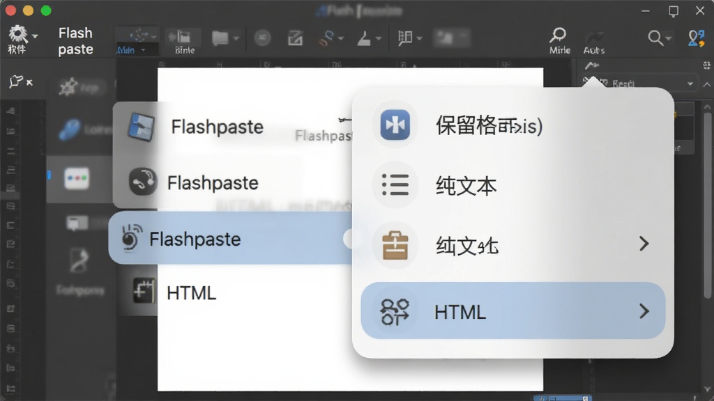 软件名称Flashpaste,主体为粘贴格式选择菜单,布局为弹出式菜单展示在文档编辑界面旁,排版包含保留格式、纯文本、HTML等选项,风格为柔和圆角设计,细节包括菜单项有图标提示、当前选中项有背景色、菜单边缘有轻微阴影,画质为高清,干净无多余元素