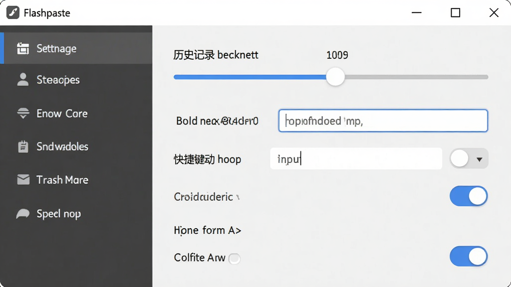 软件名称Flashpaste,主体为设置界面截图风格,布局为左右两栏,左侧为设置分类导航,右侧为具体选项面板,排版展示历史记录数量滑块、快捷键输入框、开机启动开关等控件,风格为素雅极简,细节包括控件带有微妙的圆角、开关呈蓝色激活状态、文字清晰易读,画质为高清,干净无多余元素