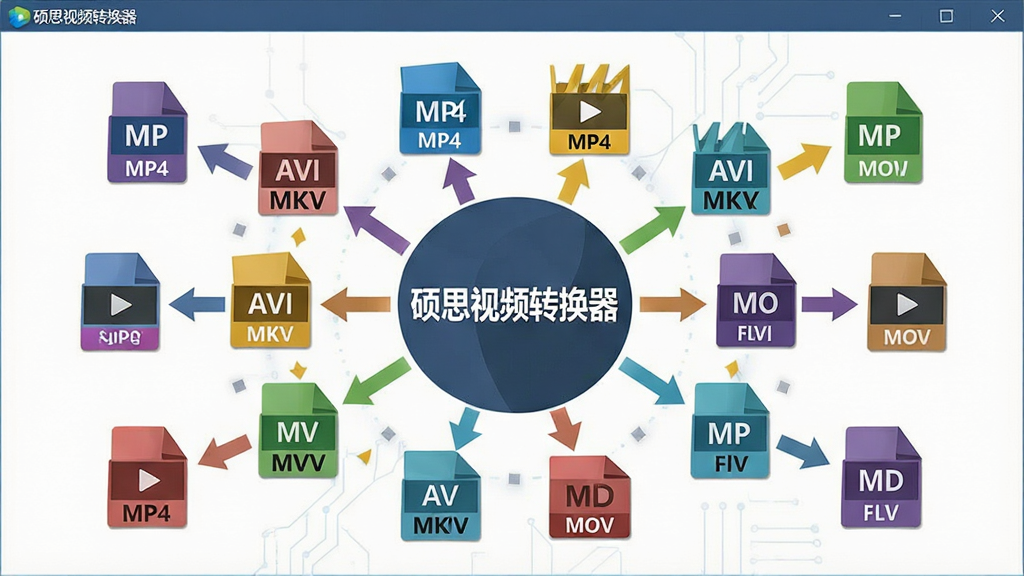 一张展示硕思视频转换器格式兼容能力的图片,主体为软件界面中央排列着各种视频格式图标,如MP4、AVI、MKV、MOV、FLV等,周围环绕着箭头表示格式互转,布局为中心放射状构图,排版简洁明了,风格为扁平化科技插画,细节包括“硕思视频转换器”软件名称文字、格式图标颜色各异,画质高清,画面干净,无多余元素