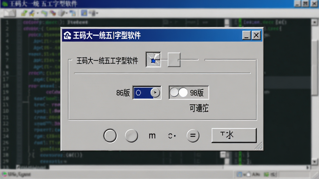 一张特写图,展示王码大一统五笔字型软件的设置面板,面板上清晰可见“86版”与“98版”的切换选项,界面风格偏向传统Windows经典窗口,背景是模糊的代码编辑器,画面风格写实,细节锐利,画质干净,无多余元素,重点突出编码方案的纯正与可选择性