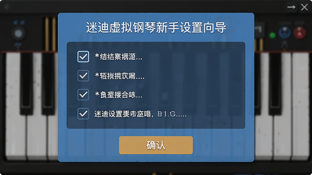 迷迪虚拟钢琴新手设置向导界面,主体为软件弹窗提示框,布局上方为标题文字,中间为选项列表,下方为确认按钮,排版简洁明了,风格为扁平化引导界面,细节包括勾选框、图标和提示文字,画质高清,干净无多余元素