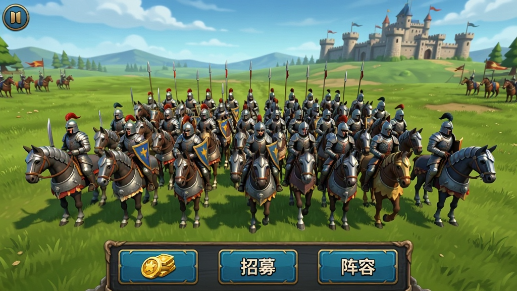 骑兵冲突游戏主界面截图,画面中央是整齐排列的重装骑兵方阵,背景为开阔的中世纪战场草地与远处城堡,主界面底部有金券、招募、阵容等按钮图标,整体风格为欧美卡通写实,色彩明亮,画质清晰干净,无多余元素