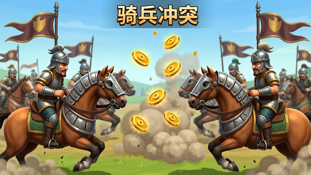 骑兵冲突游戏战斗画面,左右两军骑兵正在对冲,中间扬起尘土,画面中有金券掉落特效,风格为美式卡通渲染,细节包括马匹盔甲、旗帜飘动,画质干净清晰,画面中带有“骑兵冲突”文字标识