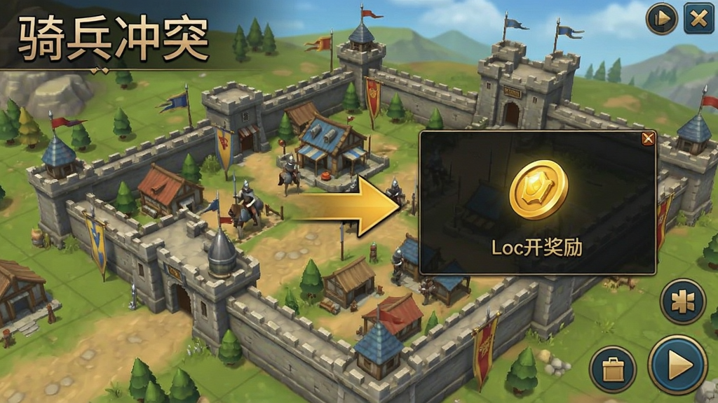 骑兵冲突新手教程界面截图,画面展示引导箭头与金券奖励弹窗,背景为游戏主城,风格为策略手游UI,排版简洁,画质清晰干净,带有“骑兵冲突”文字
