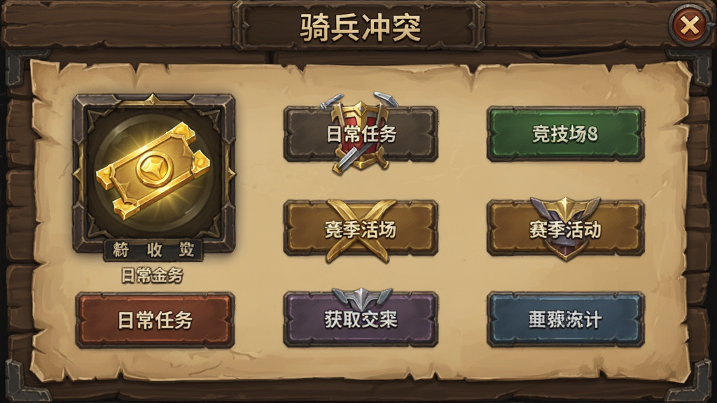 骑兵冲突金券获取界面,画面展示金券图标与多种获取途径按钮,包括日常任务、竞技场、赛季活动等,背景为木质面板与羊皮纸质感,风格复古策略游戏UI,排版整齐,画质干净,带有“骑兵冲突”文字
