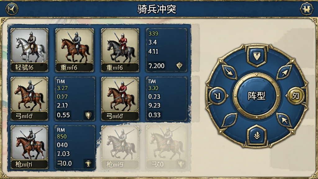 骑兵冲突兵种搭配界面,画面以网格形式展示轻骑兵、重骑兵、弓骑兵、枪骑兵的图标与属性,旁边有阵型选择轮盘,风格为策略游戏面板,配色以蓝金为主,排版清晰,画质干净,带有“骑兵冲突”文字