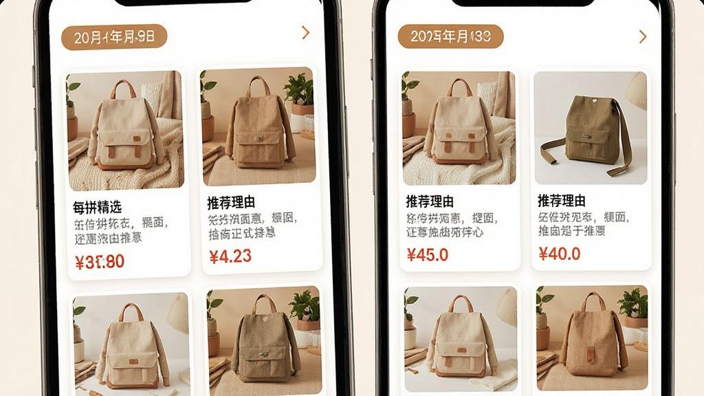 一张展示拼拼购物特惠商城每日精选栏目的界面图,画面为手机屏幕,屏幕内显示卡片式商品推荐列表,每张卡片包含商品图片、名称、推荐理由和价格,顶部有日期标签,排版为两列网格布局,风格为温暖生活风,细节上推荐理由文字使用灰色小字,画质清晰,干净,无多余元素,图片中文字“每日精选”