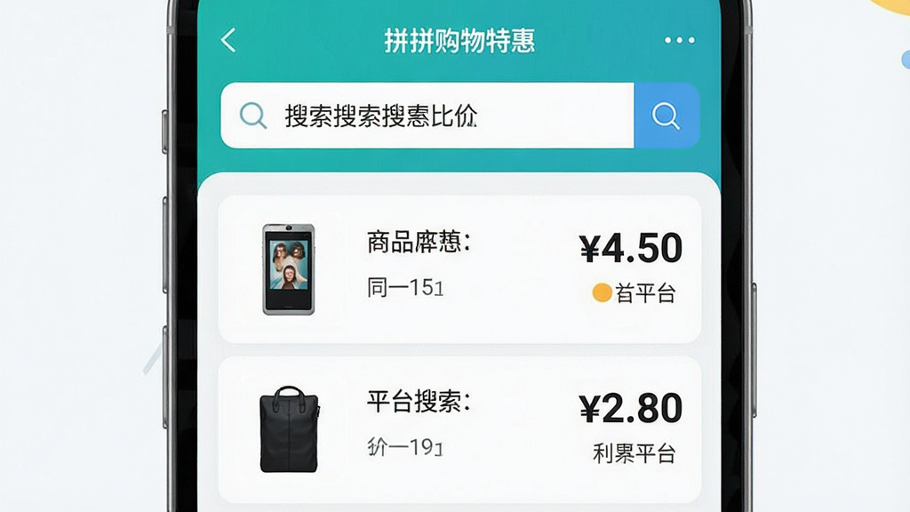 一张展示拼拼购物特惠商城搜索比价功能的手机界面图,画面中央为搜索框,下方展示同一商品在不同平台的价格对比列表,左侧为商品缩略图,右侧为价格和平台名称,排版为列表式布局,风格为清爽浅色系,细节上价格数字使用加粗字体,画质高清,干净,无多余元素