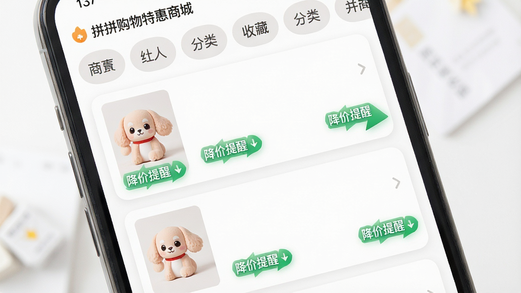 一张展示拼拼购物特惠商城收藏与降价提醒功能的界面图,画面为手机屏幕,屏幕内显示收藏商品列表,每件商品下方有降价提醒标签,顶部有分类标签栏,排版为纵向列表布局,风格为柔和圆角设计,细节上降价标签使用绿色箭头标识,画质高清,干净,无多余元素,图片中文字“降价提醒”