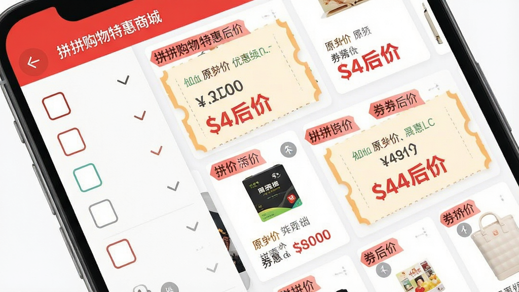 一张展示拼拼购物特惠商城优惠聚合功能的界面截图,画面为手机屏幕,屏幕内显示多个电商平台的优惠券和折扣商品列表,左侧有筛选栏,右侧为商品卡片流,每张卡片上标注了原价与券后价,排版为上下滚动布局,风格为扁平化设计,细节上优惠标签使用红色高亮,画质清晰,干净,无多余元素,图片中文字“拼拼购物特惠商城”