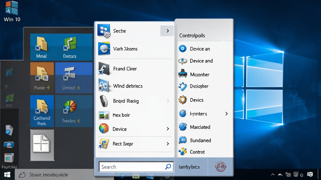 Win10经典开始菜单功能展示,画面中Windows 10桌面中央弹出经典开始菜单,左侧列出常用软件图标,右侧显示控制面板、设备和打印机等系统入口,底部有搜索框和关机按钮,整体风格怀旧且精致,布局对称,排版工整,风格简洁明快,细节包含菜单阴影和渐变效果,画质清晰,干净,无多余元素