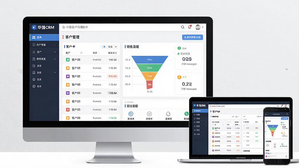 华强CRM客户管理软件主界面展示,主体为电脑屏幕中打开的客户管理仪表盘,布局采用左侧导航栏与右侧数据卡片组合,排版整齐清晰,风格为现代商务简约风,细节包含客户列表、销售漏斗图表、跟进提醒图标,屏幕旁放置一台笔记本电脑与一部手机同步展示移动端界面,画面干净无多余元素,高清画质,适合软件下载站展示
