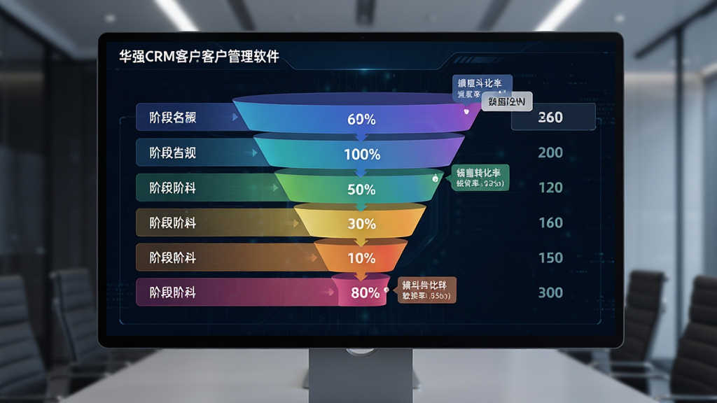 华强CRM客户管理软件销售漏斗图表展示,主体为屏幕中央的彩色漏斗图形,布局为上方宽下方窄的阶段分布,排版左侧为阶段名称右侧为数量统计,风格为数据可视化商务风,细节包含各阶段转化率百分比、颜色渐变过渡、悬浮数据标签,背景为深色科技感界面,高清画质,无杂乱元素