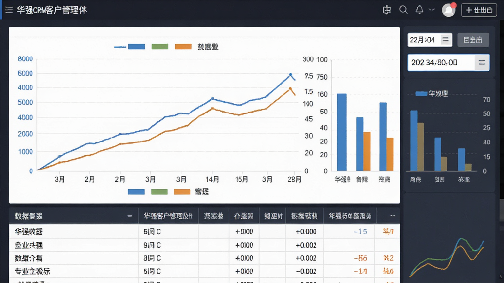 华强CRM客户管理软件数据报表页面,主体为屏幕中折线图与柱状图组合展示,布局为上方图表下方数据表格,排版左右分栏,风格为专业数据分析风,细节包含坐标轴刻度、图例色块、导出按钮、日期筛选器,整体界面干净清爽,高清画质,无多余元素