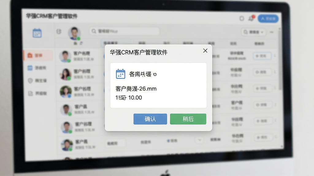 华强CRM客户管理软件任务提醒弹窗界面,主体为电脑屏幕中央弹出的提醒窗口,布局为标题加内容加操作按钮的纵向结构,排版简洁明了,风格为轻量级办公软件风,细节包含日历图标、客户名称、时间标注、确认与稍后按钮,背景为模糊的客户列表页面,高清画质,干净无多余元素