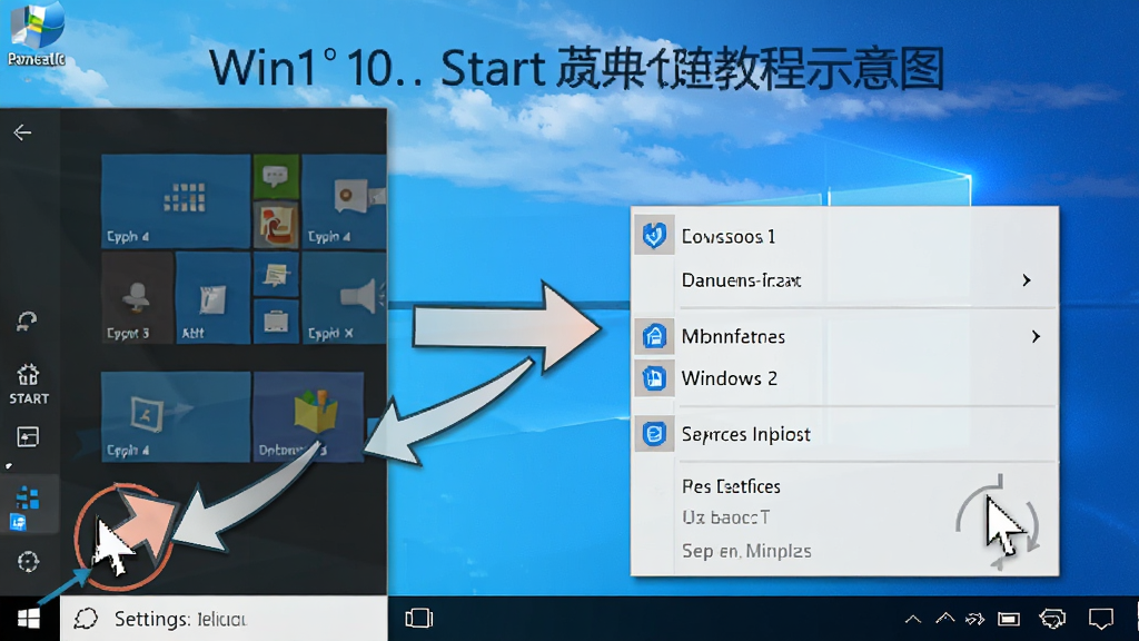 Win10经典开始菜单使用教程示意图,画面中显示Windows 10桌面,用户正在右键点击开始按钮打开设置菜单,旁边有箭头指示操作步骤,布局清晰,排版直观,风格教学演示,细节包含鼠标指针和菜单选项,画质清晰,干净,无多余元素