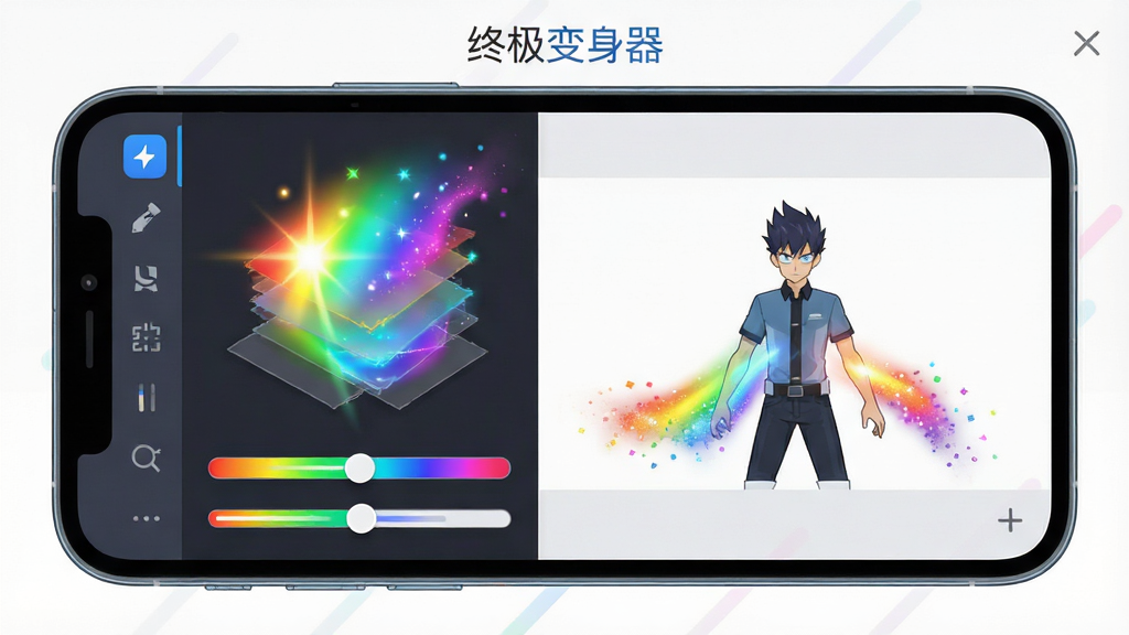 一个手机屏幕显示变身动画编辑界面,画面中有可拖拽的光效图层和颜色调节滑块,屏幕上方显示