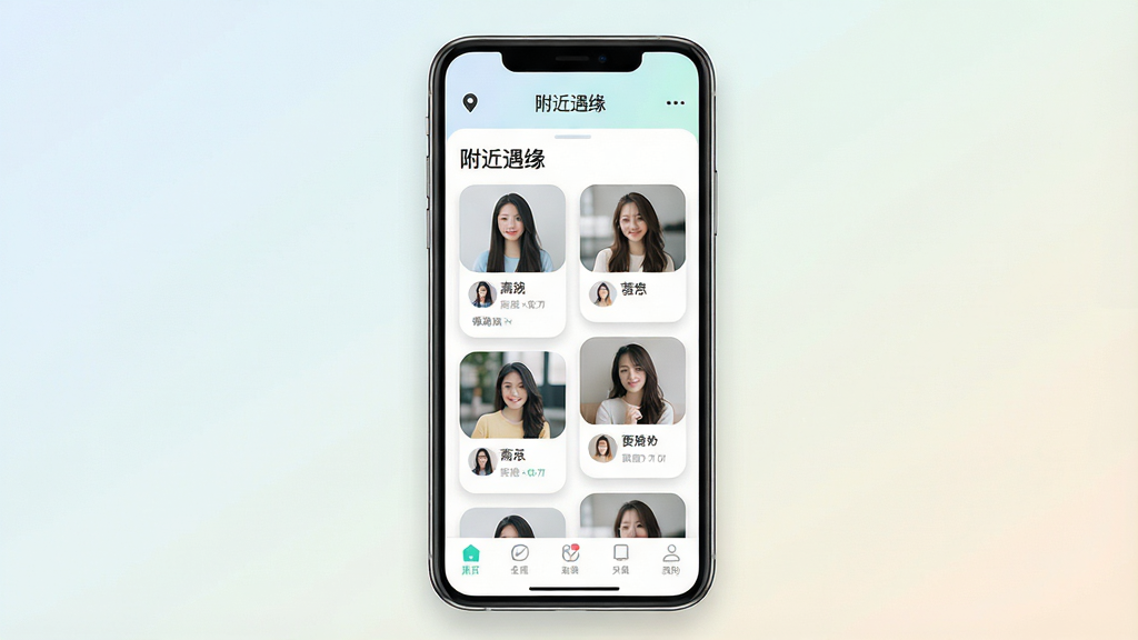 一张手机屏幕展示同城社交应用界面的场景图,主体为一部竖屏智能手机,屏幕中央显示“附近遇缘”应用主页面,页面布局包含顶部定位栏、中部用户头像卡片瀑布流、底部导航菜单,排版简洁清晰,风格现代清新,细节包含圆角卡片、柔和阴影、浅色渐变背景,画质高清,干净,无多余元素