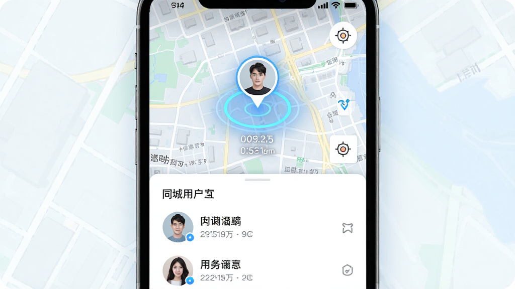 一张展示同城定位功能的界面图,主体为手机屏幕上的地图与用户头像标记,布局为上半部分显示城市街区地图、下半部分显示附近用户列表,排版上下结构,风格科技感与清新感结合,细节包含定位光圈、距离数值、头像圆标,画质高清,干净,无多余元素