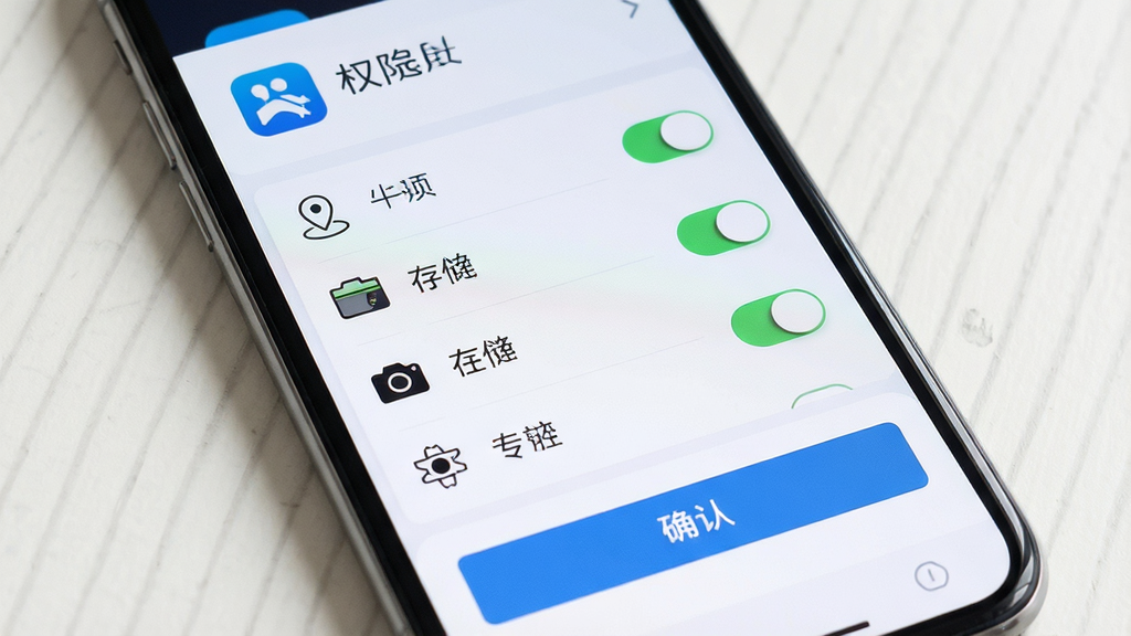 一张手机应用权限设置界面的场景图,主体为手机屏幕显示权限管理列表,布局为顶部应用名称、中部权限开关列表、底部确认按钮,排版整洁,风格简约商务,细节包含定位、存储、相机权限图标与开关状态,画质高清,干净,无多余元素