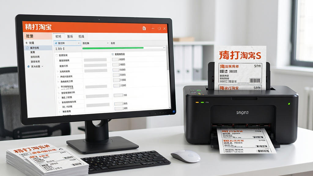 一幅展示精打淘宝快递单打印软件批量打印功能的图片,画面中电脑屏幕上显示着精打淘宝快递单打印软件的批量订单列表,多张快递单正在从打印机中连续输出,桌面上整齐摆放着已打印好的面单,背景是简洁的办公环境,风格写实商务,细节包括打印机指示灯、纸张纹理、屏幕上的进度条,画质清晰,干净,无多余元素