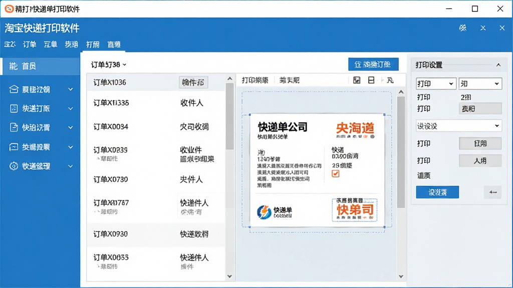 一张软件主界面截图风格的图片,画面中央是精打淘宝快递单打印软件的操作窗口,窗口内显示订单列表和快递单预览区域,左侧有功能菜单栏,右侧有打印设置面板,整体布局清晰整洁,采用蓝色和白色为主色调,风格简洁商务,细节包括订单编号、收件人信息、快递公司logo等元素,画质清晰,干净,无多余元素