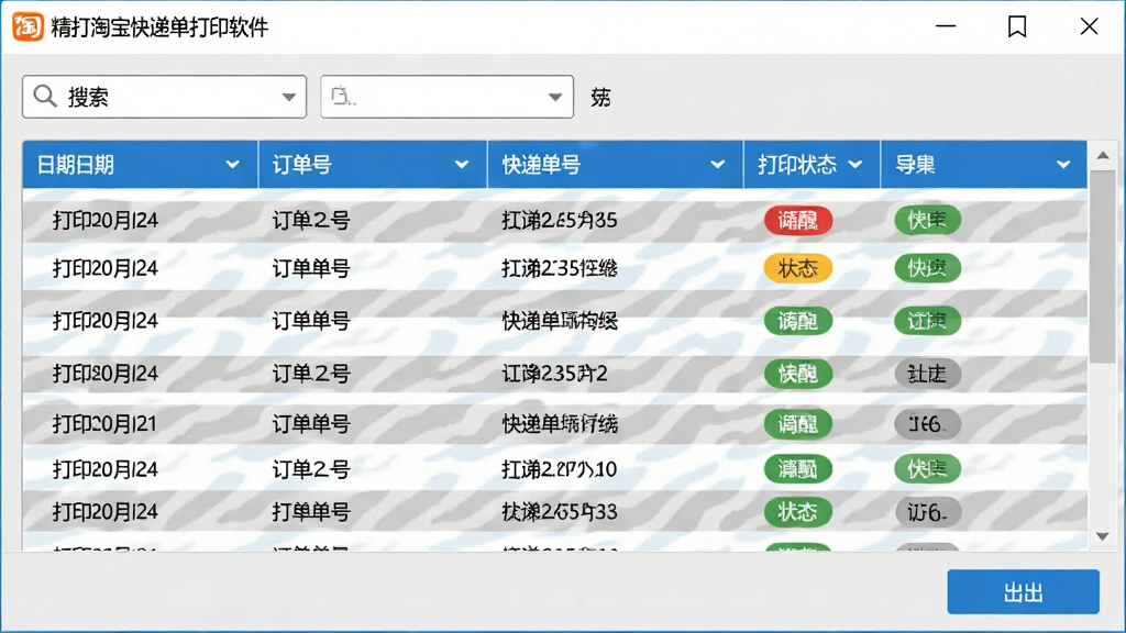 一幅展示精打淘宝快递单打印软件打印记录查询功能的图片,画面中软件界面显示着打印历史记录列表,包含日期、订单号、快递单号、打印状态等列信息,顶部有搜索筛选栏,底部有导出按钮,整体采用浅灰色和蓝色搭配,风格简洁实用,细节包括表格斑马纹、状态标签颜色区分、滚动条等,画质清晰,干净,无多余元素