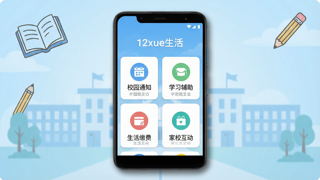 ����Ϊһ����׿�ֻ����ֻ���Ļ������ʾ��12xue���Ӧ�������棬�������У԰֪ͨ��ѧϰ����������ɷѡ���У�����ĸ�ͼ��ģ�飻����Ϊ�ֻ������������з��ã�����Ϊǳ��ɫ����У԰����Ű���������ͼ���������룻���Ϊ�ִ���ƽ��UI��ƣ�ϸ�ڰ����ֻ���Ե����΢��Ӱ���������������ɱ桢������׺�鱾��Ǧ�ʼ��ͼ��������Ϊ����2K���ɾ��޶���Ԫ��