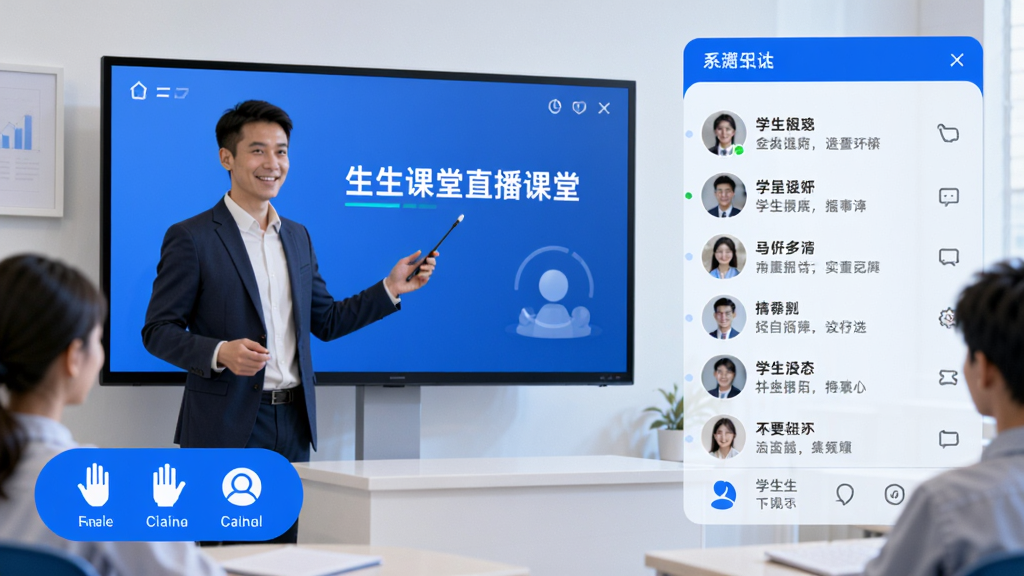 生生课堂直播课堂场景,画面中老师正在屏幕前授课,屏幕右侧显示学生互动消息列表,左下角为举手连麦按钮,整体布局清晰,风格现代教育科技感,配色以蓝色和白色为主,细节丰富,画质高清,干净整洁