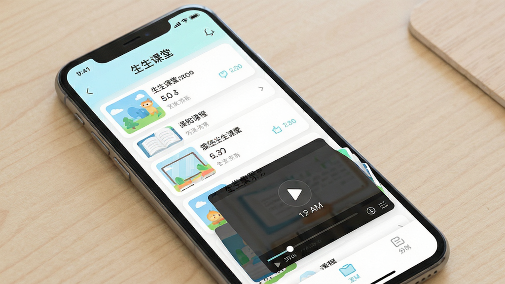 生生课堂移动端学习界面,画面展示手机屏幕中课程列表与播放窗口,界面风格清新浅色,排版简洁,细节清晰,画质高清,干净无多余元素