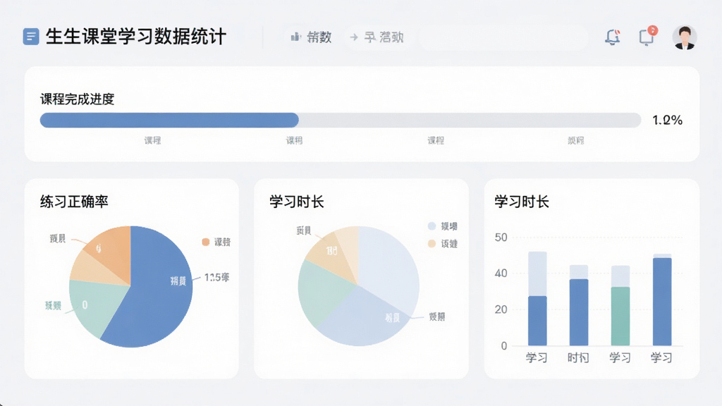 生生课堂学习数据统计页面,画面展示课程完成进度条、练习正确率饼图、学习时长柱状图等数据可视化元素,界面风格简洁商务,配色柔和,排版整齐,细节清晰,画质高清,干净无多余元素