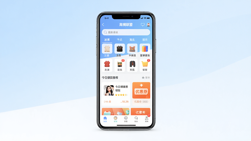 高佣联盟软件主界面全貌展示,画面中央放置一部智能手机,手机屏幕上显示高佣联盟APP的首页界面,界面中包含搜索框、商品分类图标、今日爆款推荐、优惠券领取入口等核心功能区域,背景为浅蓝与白色渐变色调,整体风格清爽干净,主体突出,布局居中对称,细节清晰可见,画质高清,干净无多余元素