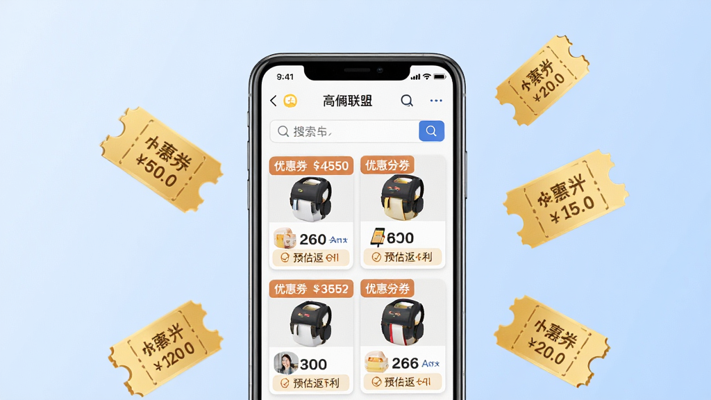 高佣联盟隐藏优惠券搜索功能展示,画面中央一部手机屏幕显示商品搜索列表,每个商品卡片上标注有优惠券金额和预估返利金额,手机周围漂浮着几张金色优惠券图标,背景为淡蓝色渐变,风格简洁商务,布局清晰,细节精致,画质高清,干净无多余元素