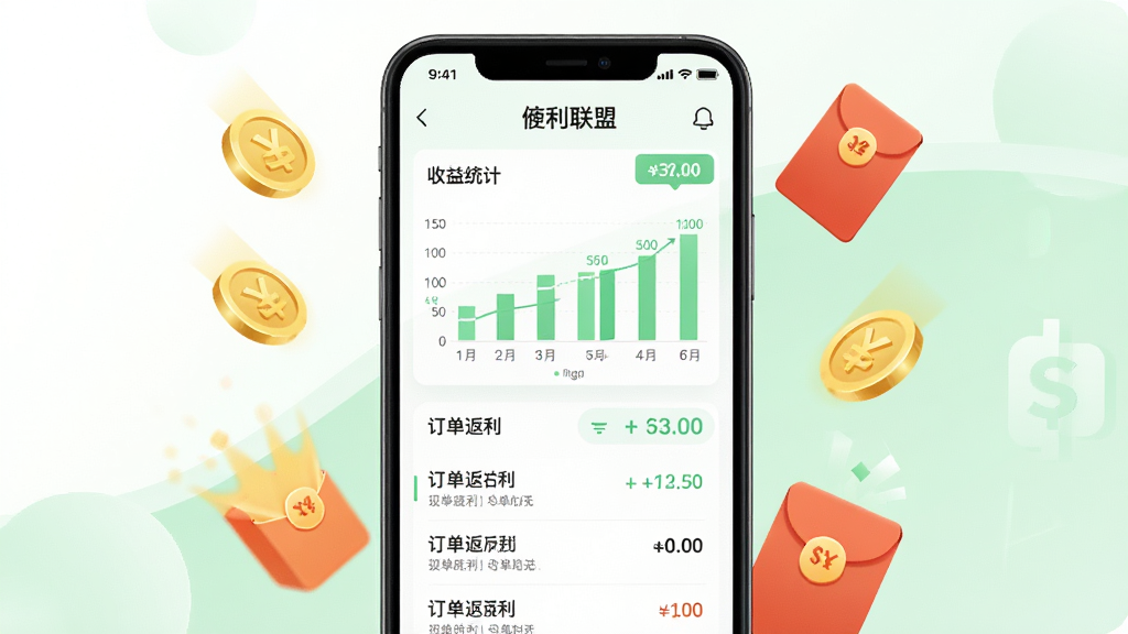 高佣联盟购物返利收益明细页面展示,手机屏幕显示收益统计图表和订单返利列表,画面中有金币和红包元素点缀,背景为白色与浅绿色搭配,风格清新明快,排版整齐,细节丰富,画质高清,干净无多余元素