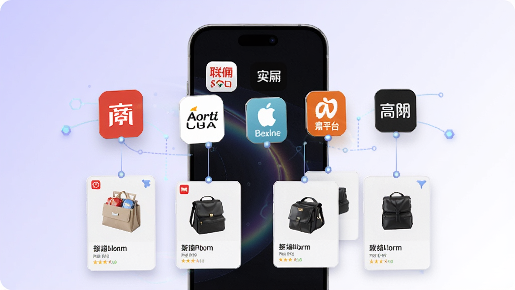 高佣联盟多平台商品聚合功能展示,画面中一部手机屏幕显示多个电商平台图标排列,每个图标下方连接着商品卡片,背景为浅紫色与白色渐变,风格现代科技感,布局层次分明,细节精致,画质高清,干净无多余元素