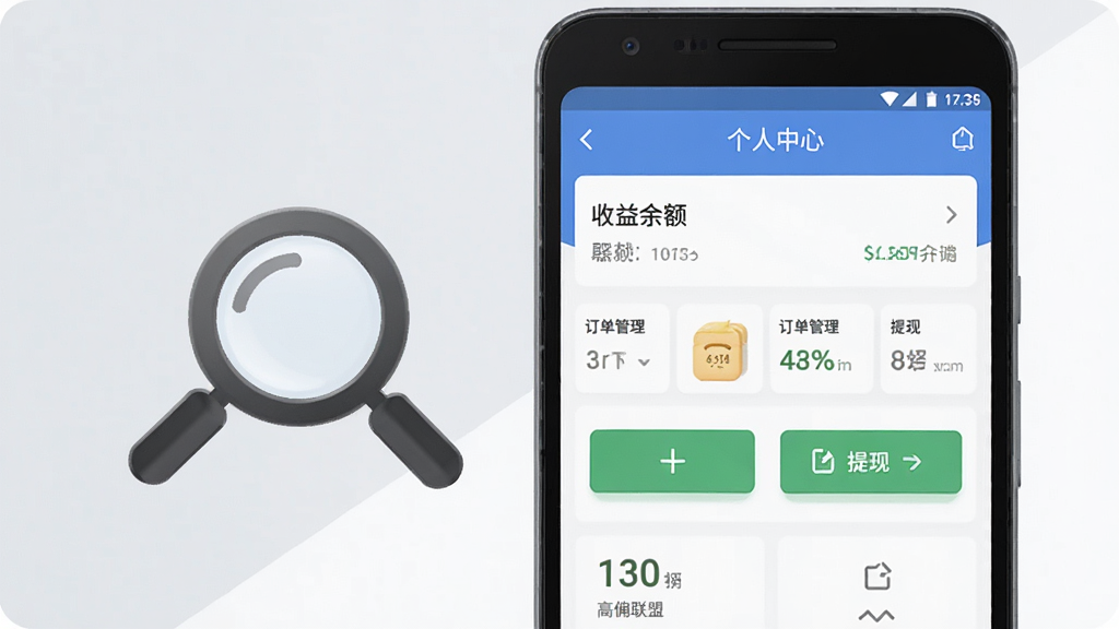 高佣联盟移动端操作界面展示,画面中一部安卓手机屏幕显示个人中心页面,包含收益余额、订单管理、提现入口等功能模块,手机旁边放置一个放大镜图标,背景为浅灰色与白色搭配,风格简约商务,布局整洁,细节清晰,画质高清,干净无多余元素