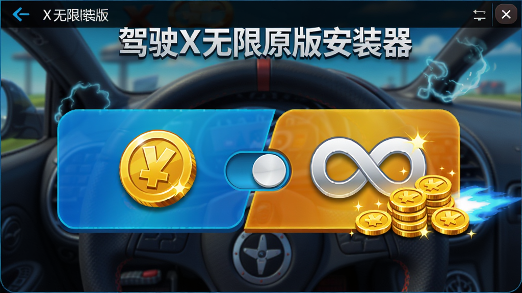 画面展示“驾驶X无限原版安装器”的界面中有一个开关按钮,左侧是普通金币图标,右侧是无限符号与闪耀的金币堆,布局为横向对比,风格为游戏UI风格,细节包括赛车方向盘、氮气火焰特效,画质明亮,干净,无多余元素