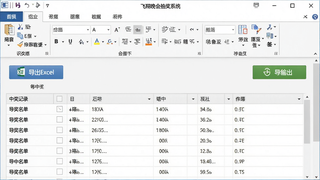 主体是飞翔晚会抽奖系统的数据导出界面,画面中显示中奖记录表格和导出按钮,布局为上下结构,风格为办公软件风格,细节包括“导出Excel”按钮和已中奖名单列表,画质清晰,干净,无多余元素