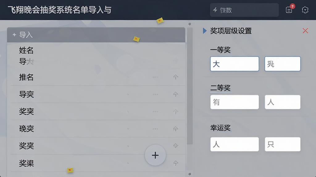 主体是飞翔晚会抽奖系统的名单导入与奖项设置界面,画面左侧是导入的姓名列表,右侧是奖项层级设置面板,布局为左右分栏,风格为简洁商务风,细节包括“一等奖”“二等奖”“幸运奖”文字标签和人数输入框,画质高清,干净,无多余元素