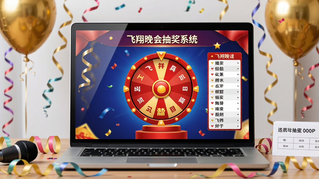 主体是一台笔记本电脑屏幕,屏幕上显示飞翔晚会抽奖系统正在运行,画面中央是红色喜庆的抽奖转盘与滚动姓名列表,屏幕旁边散落着彩带和金色气球,布局采用居中构图,风格为写实办公场景与节日氛围融合,细节包括屏幕反光、桌面上的话筒和流程手卡,画质为高清1080P,干净,无多余元素