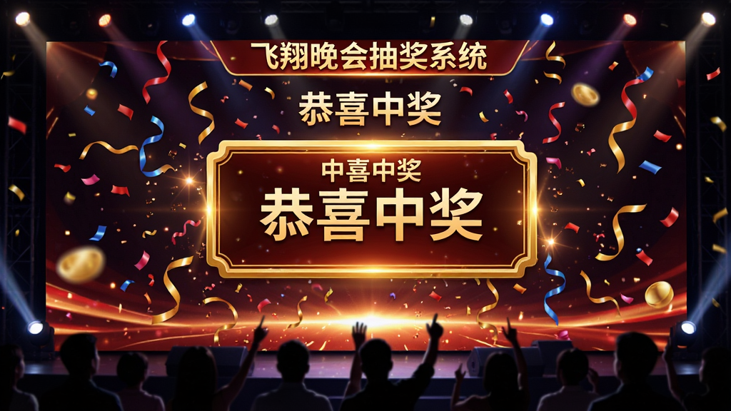 主体是飞翔晚会抽奖系统在大屏幕上显示中奖瞬间的画面,画面中央是金色边框的中奖姓名弹窗,周围有彩带和光效,布局为居中大屏展示,风格为喜庆热闹的舞台视觉,细节包括“恭喜中奖”文字和台下观众剪影,画质高清,干净,无多余元素