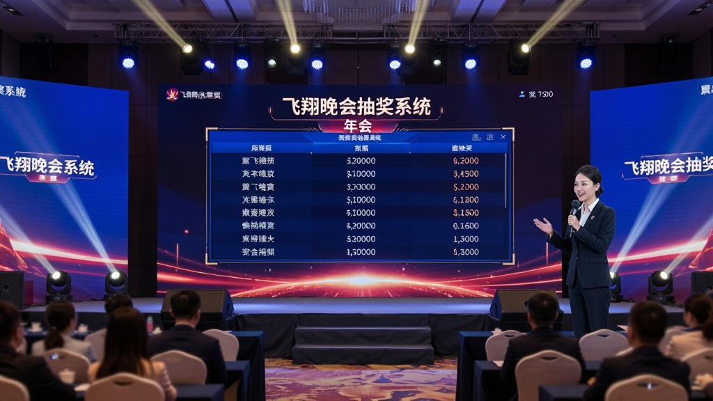 主体是飞翔晚会抽奖系统在年会现场大屏上的使用场景,画面中舞台中央大屏幕显示抽奖滚动名单,主持人站在台侧手持话筒,布局为舞台全景构图,风格为写实活动摄影,细节包括观众席、灯光和“飞翔晚会抽奖系统”界面文字,画质高清,干净,无多余元素