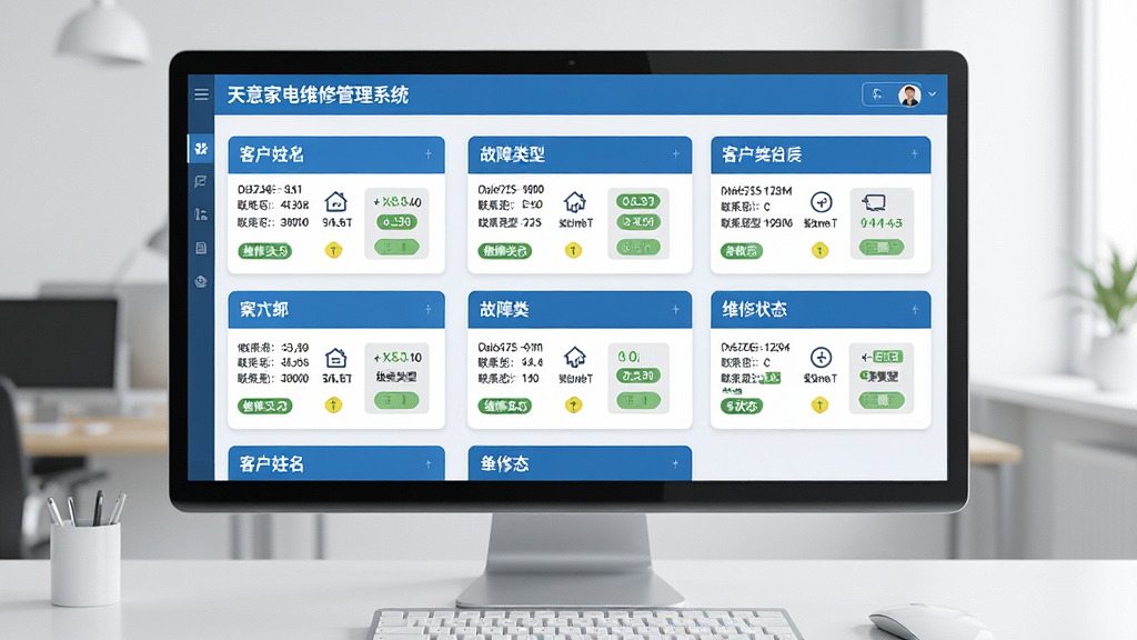 一张展示天意家电维修管理系统工单管理界面的图片,画面中显示多张电子工单卡片,每张卡片上有客户姓名、联系电话、故障类型和维修状态标签,界面布局清晰,配色以蓝色和白色为主,背景为简洁的办公桌面,风格为扁平化设计,画质高清,干净无多余元素