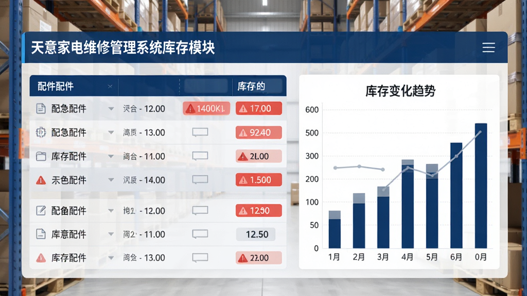 一张展示天意家电维修管理系统库存管理模块的图片,画面中显示配件列表和库存数量,部分条目带有红色预警标识,旁边有柱状图展示库存变化趋势,界面风格为现代商务风,主色调为深蓝色和浅灰色,背景为整洁的仓库货架,画质高清,细节丰富,干净无多余元素