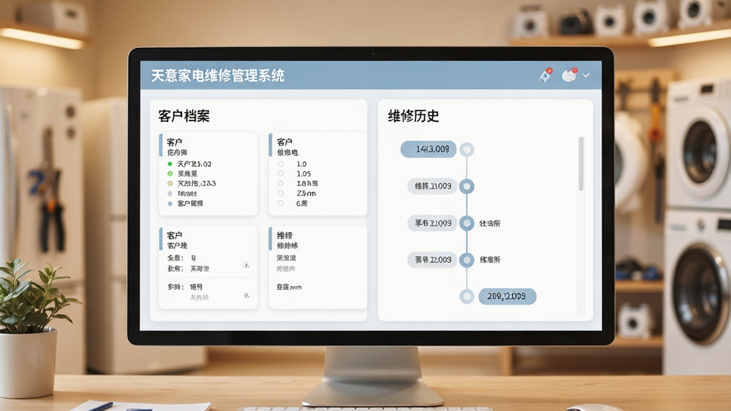 一张展示天意家电维修管理系统客户档案页面的图片,画面中显示客户信息卡片和维修历史时间轴,界面排版整齐,配色柔和,背景为温馨的家电维修店面环境,风格为写实摄影,画质高清,干净无多余元素