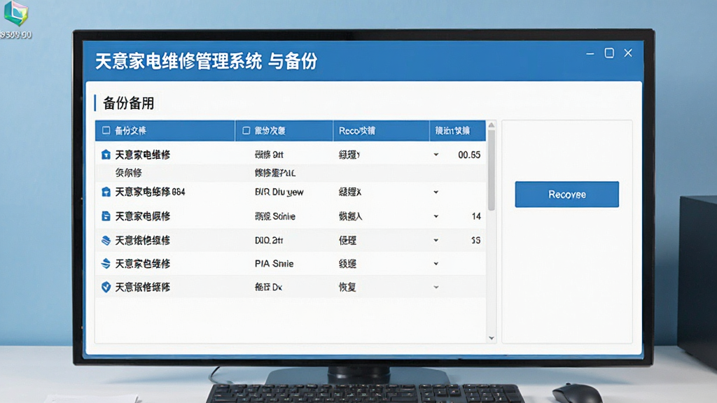 一张展示天意家电维修管理系统数据备份与恢复界面的图片,画面中显示备份文件列表和恢复按钮,界面风格简洁明了,主色调为蓝色和白色,背景为整洁的电脑桌面,画质高清,干净无多余元素