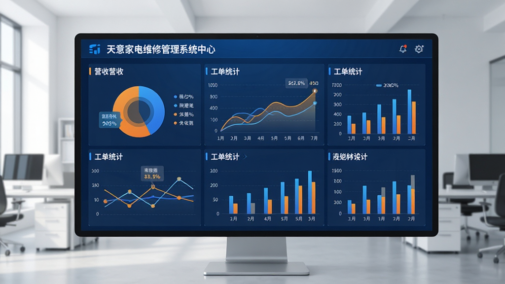 一张展示天意家电维修管理系统数据报表中心的图片,画面中包含饼图、折线图和柱状图等多种图表,展示营收和工单统计,界面风格为现代数据可视化,主色调为蓝色和橙色,背景为简洁的办公室环境,画质高清,干净无多余元素