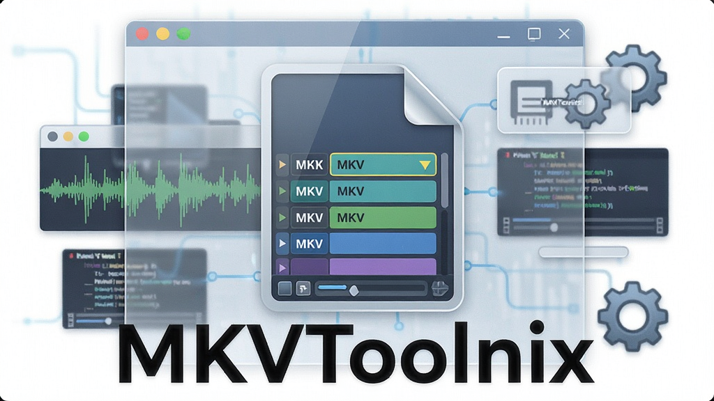 一张展示MKVToolnix软件界面的数字插画,主体是一个带有多个轨道轨道的MKV文件图标,周围环绕着音频波形、字幕文本和齿轮图标,布局采用中心对称结构,排版清晰,风格为现代扁平化科技风,细节包含半透明玻璃质感的窗口元素,画质4K,干净,无多余元素,图片中打文字“MKVToolnix”