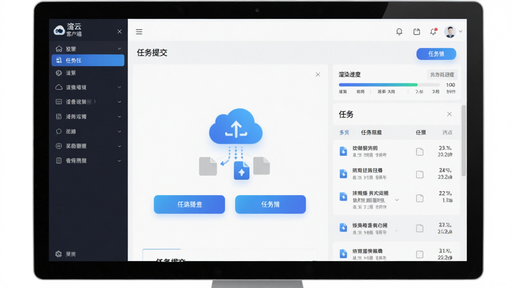 一张展示渲云客户端软件界面的图片,主体为电脑屏幕中打开的任务提交面板,布局采用居中构图,屏幕左侧显示软件功能菜单,右侧显示渲染进度条和任务列表,排版整洁清晰,风格为现代科技感UI设计,细节包含蓝色渐变按钮、云端图标、文件上传箭头等元素,画质高清,画面干净,无多余元素