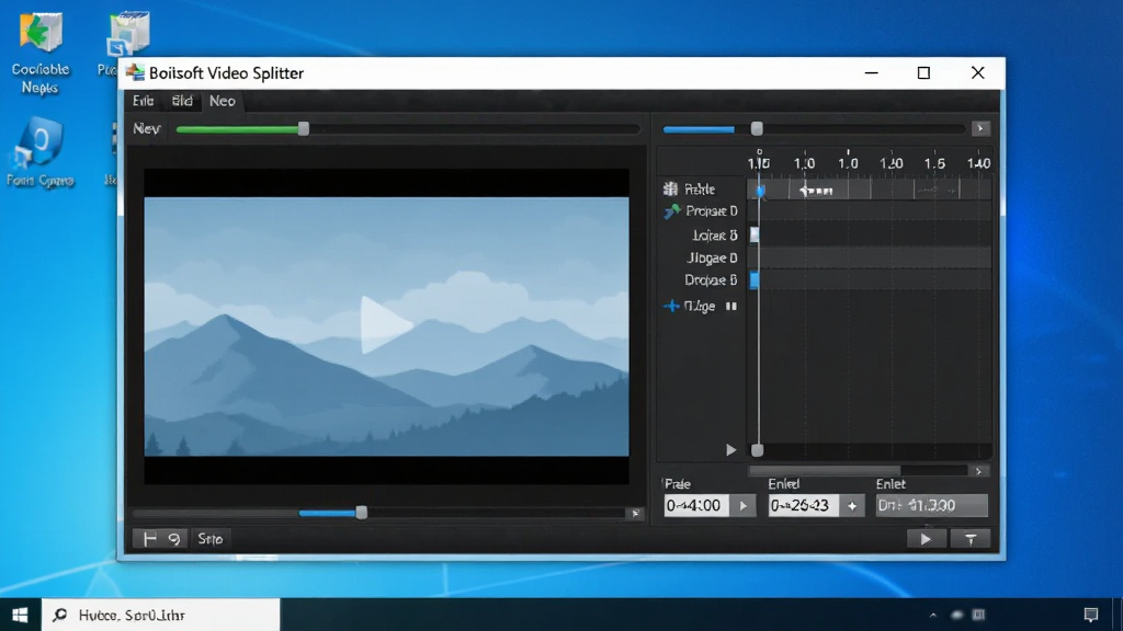 一张展示 Boilsoft Video Splitter 软件主界面的写实图片,画面中央是深色主题的软件窗口,左侧为视频预览区,右侧为时间轴与分割按钮,窗口标题清晰显示“Boilsoft Video Splitter”,背景为简洁的Windows桌面环境,布局干净整齐,风格为专业软件截图质感,细节包含进度条、开始与结束时间输入框,画质清晰,干净,无多余元素。